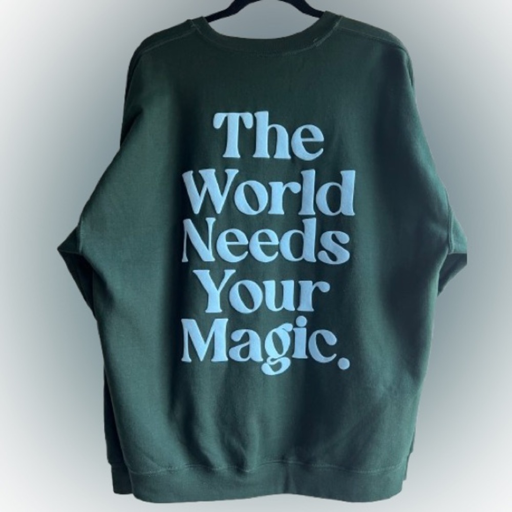NWOT Dressed in LaLa Green “The World Needs Your Magic” Smiley Sweatshirt Sz-S/M - Picture 6 of 13